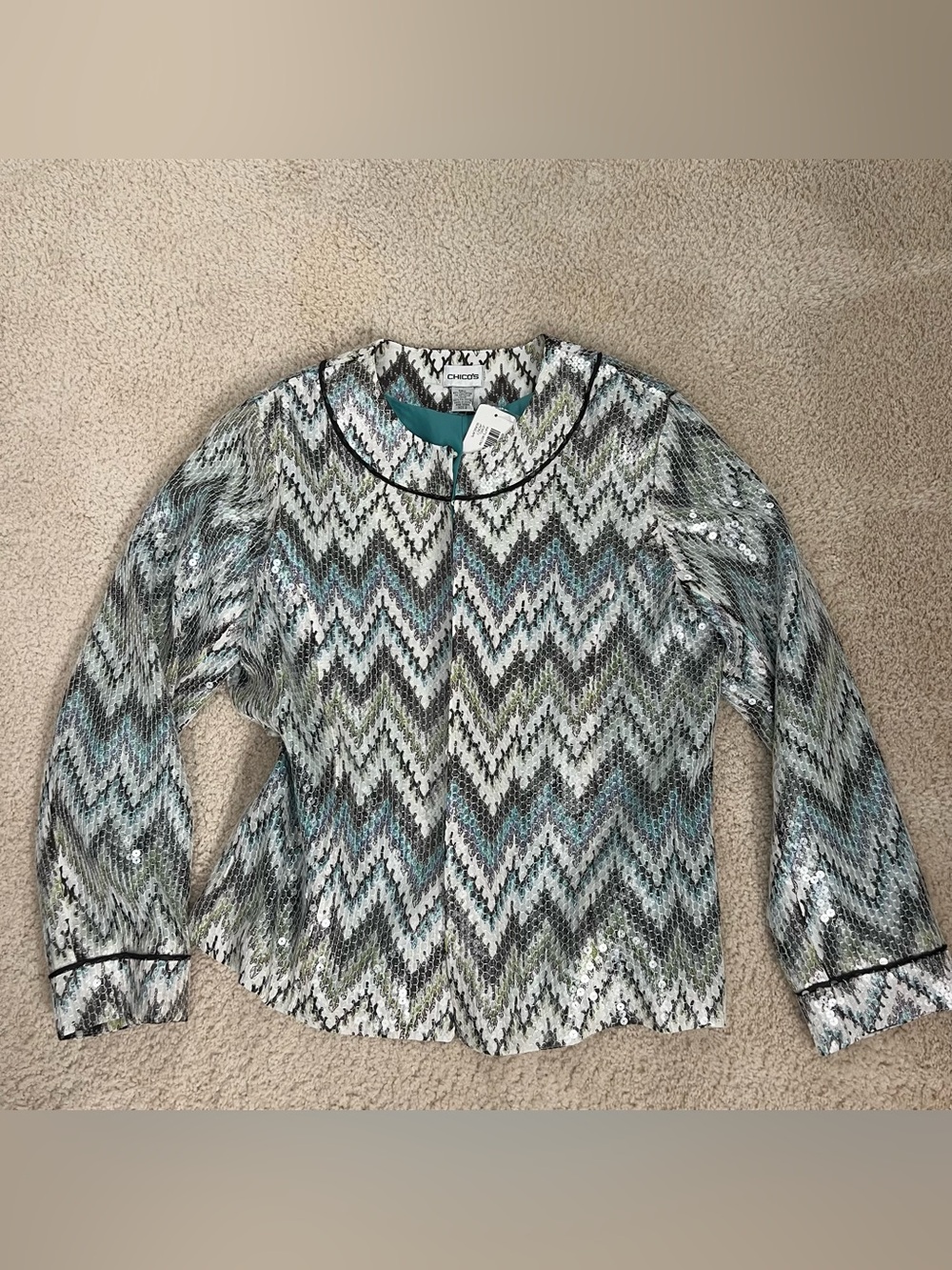 Chico's Teal, Silver & Cream Zigzag Sequin Jacket